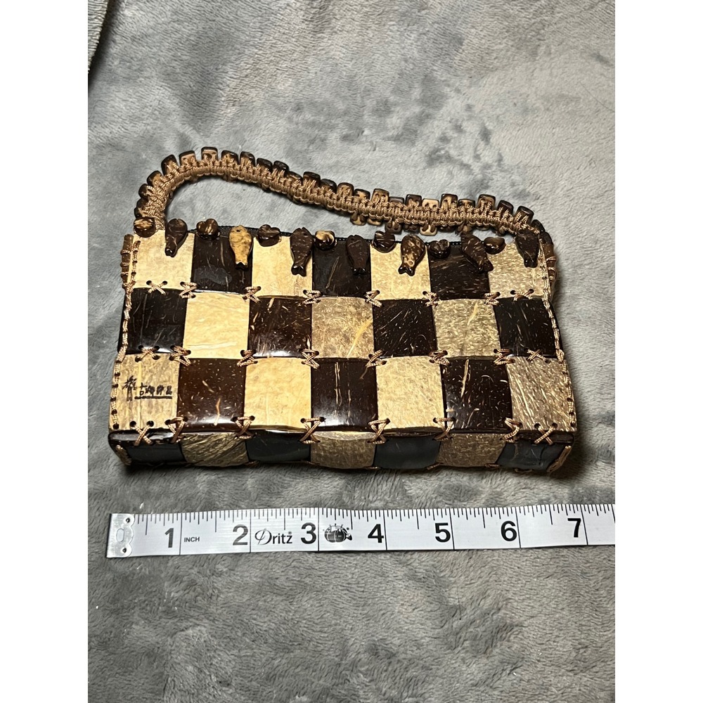 Vintage Coconut Shell Checkerboard Handbag Boho Island Artisan Mini Purse - Picture 6 of 9